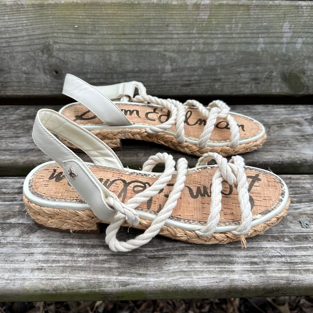 Sam Edelman Cristan Ivory Rope Strappy Espadrille Sandals White Leather Size 8.5